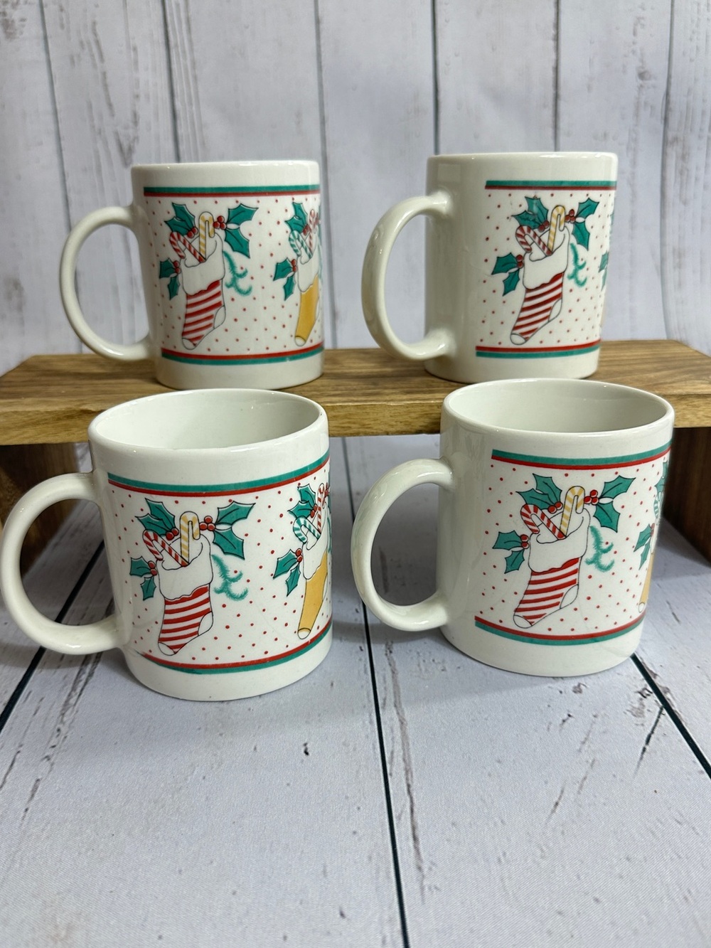 Vintage 80’s Holiday Stocking Ceramic Coffee‎ Mug - Christmas pattern set of 4